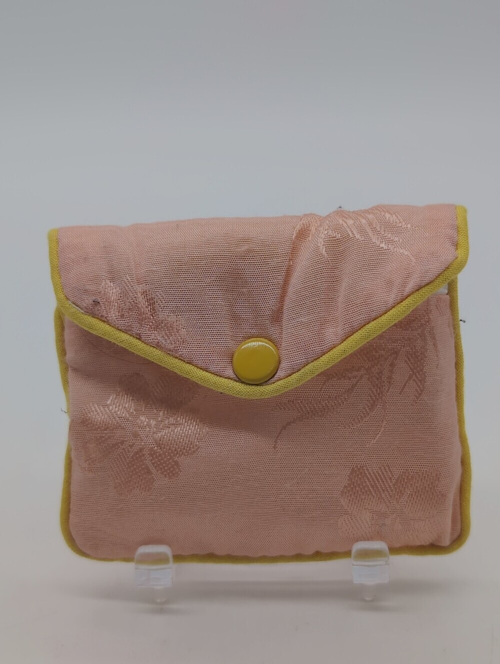 Pink Floral Satin Jacquard Envelope Coin Purse with Yellow Trim 3x3.5 In